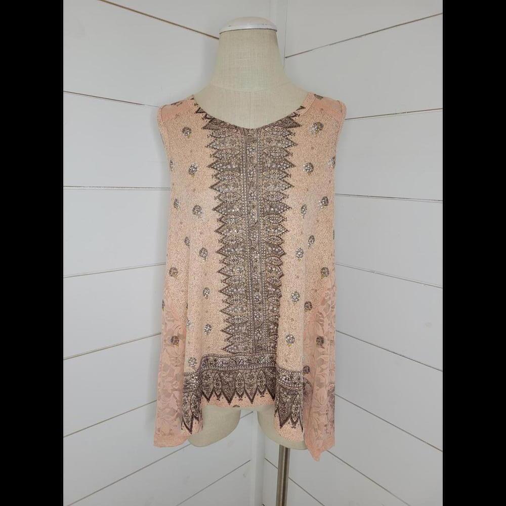 NWT Vocal pink & brown lace & bead embellishments tunic tank